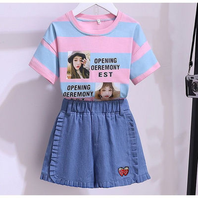 Striped Strawberry Denim Fabrics Primary Children'S Clothing Girl'S 2pcs Set