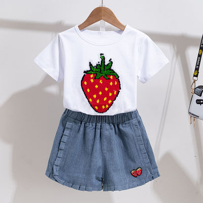 White And Pink Strawberry Cotton Little Girls Clothes Girls Outfit Sets
